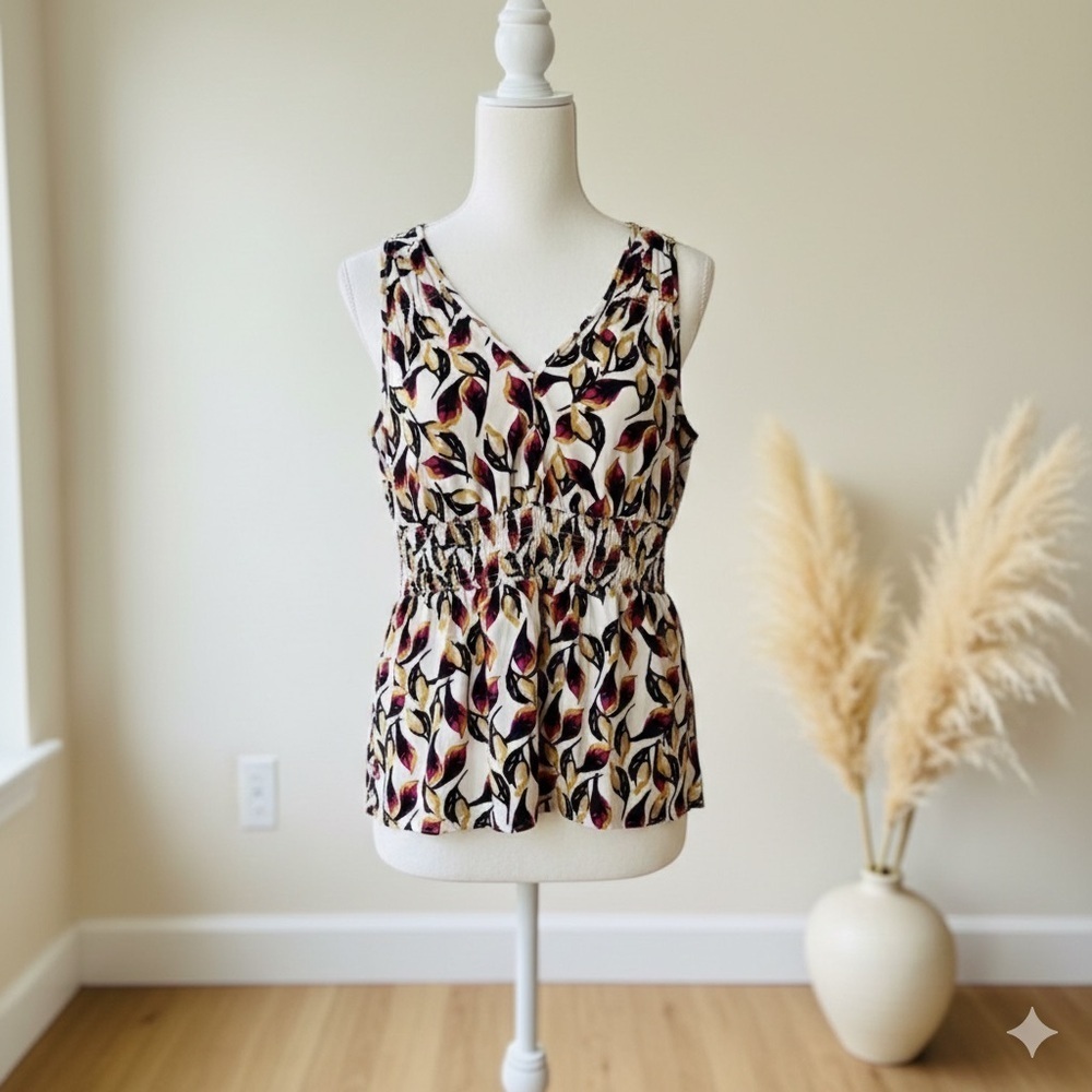 Banana Republic| Cream & Fall Colour Leaf Print Sleeveless Ruched Blouse Sz S